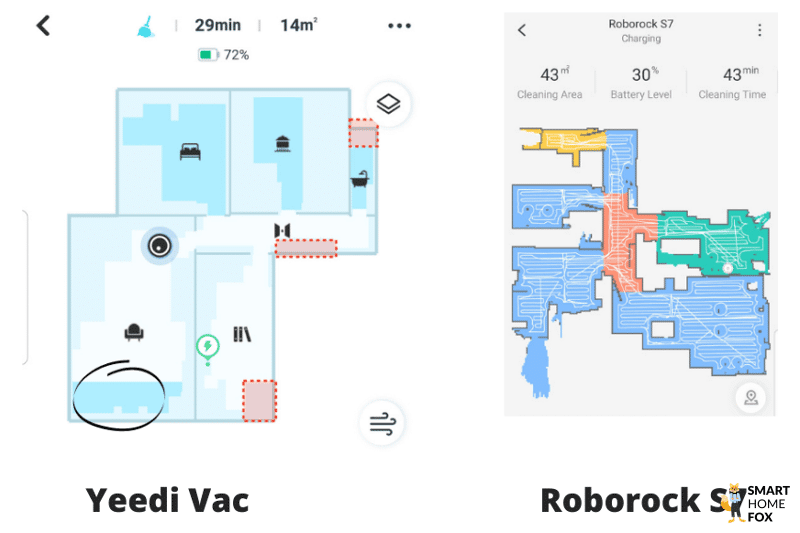 Live Verfolgung des Yeedi Vac Hybrids bei der Reinigung über die Handyapp im Vergleich zu Live Mapping eines Lidar Saugroboters